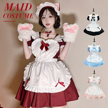 一部即納 メイド服 コスプレ 猫 ネコ耳  かわいい フリル セクシー 赤 ブラック ゆめかわ 大人 レディース バレンタイン エプロン カチューシャ 半袖 スカート ワンピース 白 黒 リボン ピンク 仮装 大きいサイズ 定番 S-5XL