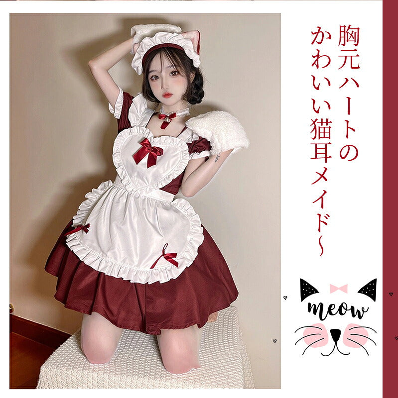 一部即納 メイド服 コスプレ 猫 ネコ耳  かわいい フリル セクシー 赤 ブラック ゆめかわ 大人 レディース バレンタイン エプロン カチューシャ 半袖 スカート ワンピース 白 黒 リボン ピンク 仮装 大きいサイズ 定番 S-5XL