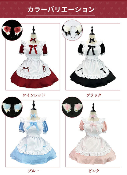一部即納 メイド服 コスプレ 猫 ネコ耳  かわいい フリル セクシー 赤 ブラック ゆめかわ 大人 レディース バレンタイン エプロン カチューシャ 半袖 スカート ワンピース 白 黒 リボン ピンク 仮装 大きいサイズ 定番 S-5XL