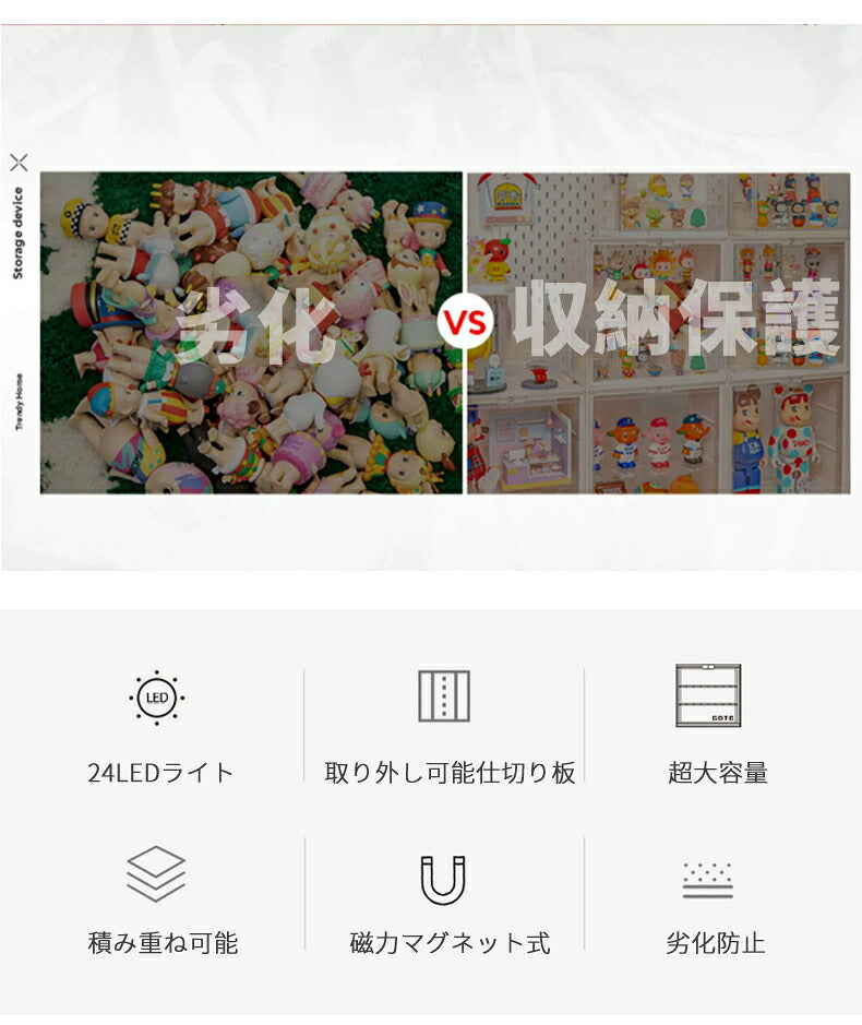 フィギュアケース LEDライト コレクションケース 収納 高品質 コレクション ボックス クリアケース 透明展示ケース 積み重ね可能 扉付き 完成品 透明 アクリル ボックス コレクションケース コレクションボックス アクリルケース