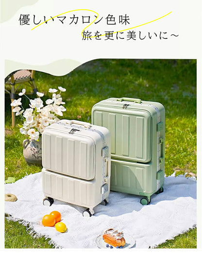 フロントオープン 前開き スーツケース ファスナータイプ Sサイズ 20インチ 機内持込み USBポート カップホルダー ダイヤル式ロック 静音 軽量 大容量 キャリーケース キャリーバッグ 旅行 修学旅行