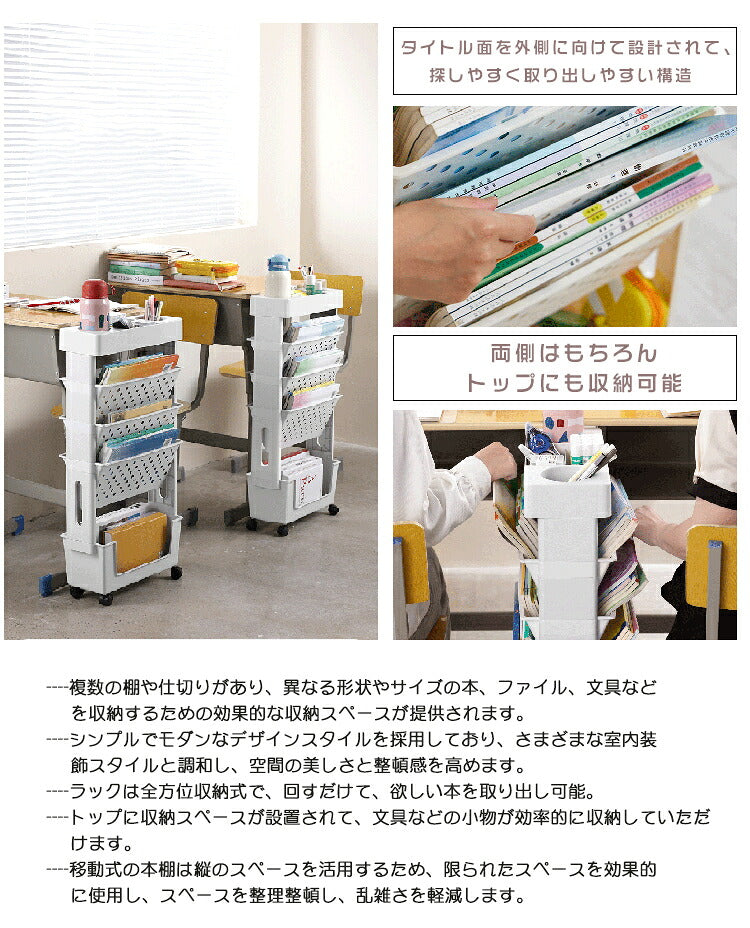 本棚 ブックシェルフ マガジンラック スリム キャスター付き スリム 五段 大容量 教科書 収納 書類棚 隙間収納 隙間ラック サイドワゴン 絵本ラック 書類整理 ラック デスクサイド収納 ブックスタンド 漫画 雑誌 文具 水筒  学校