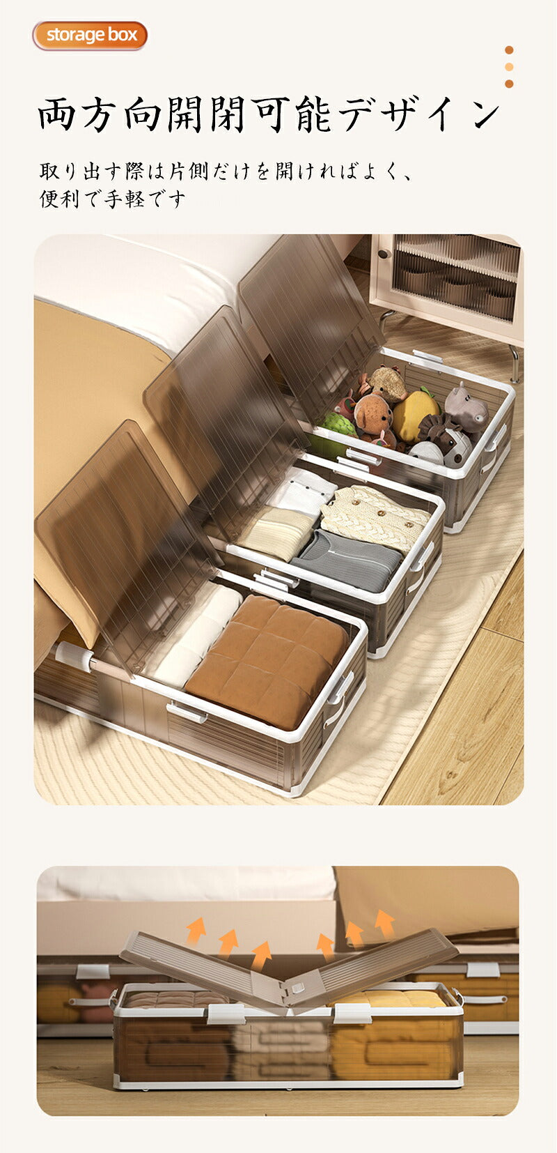 ベッド下 収納ボックス 75L/125L キャスター ソファ下 ベッド下ストレージ コンテナ 収納ボックス 折畳み 収納ケース 大容量 押入れ収納 組立簡単 積み重ね ベッド下収納ボックス 透明収納ケース 収納 小物 衣類 布団  衣装収納ボックス
