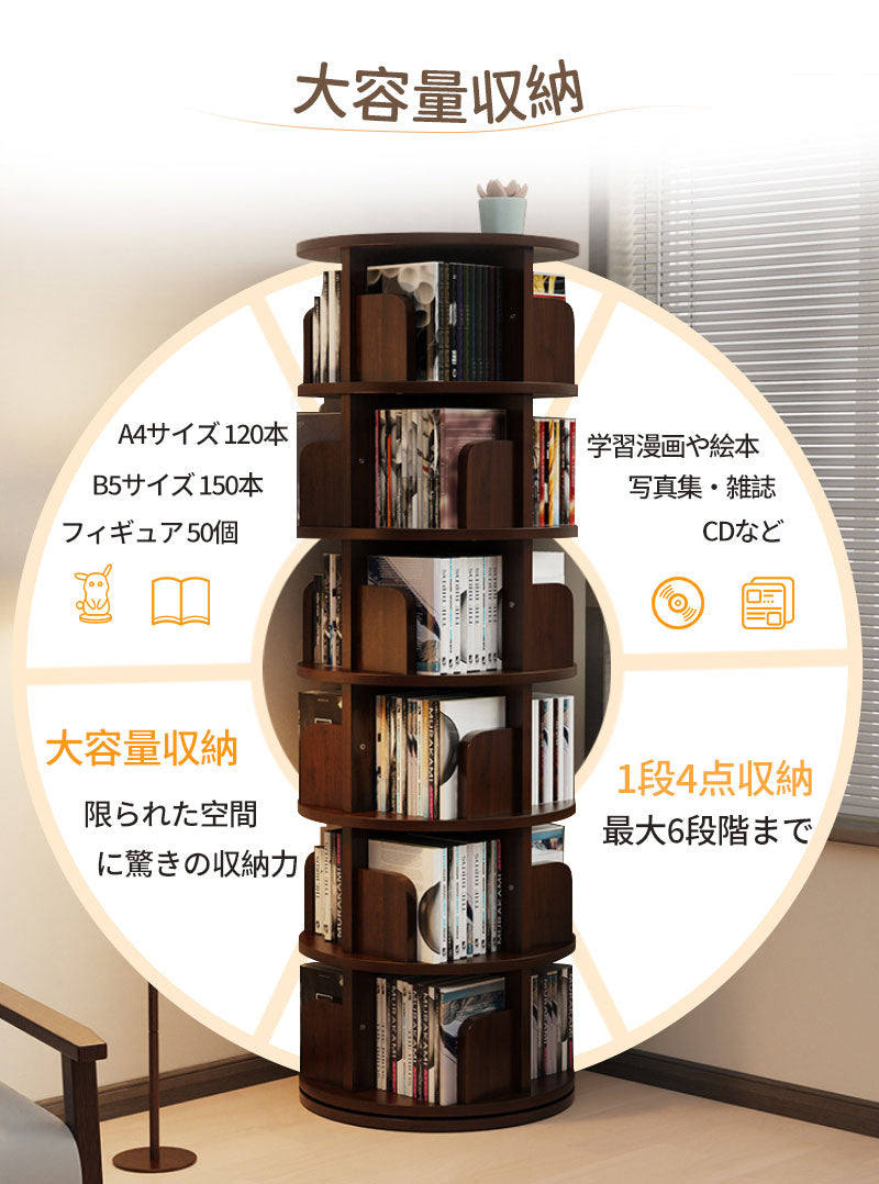回転式本棚 飾り棚 絵本棚 回転本棚 木製 子供 漫画 ブックシェルフ 省スペース A4 耐荷重80kg 絵本 漫画 小さい 回転ラック 木目 CD DVD コtana-011