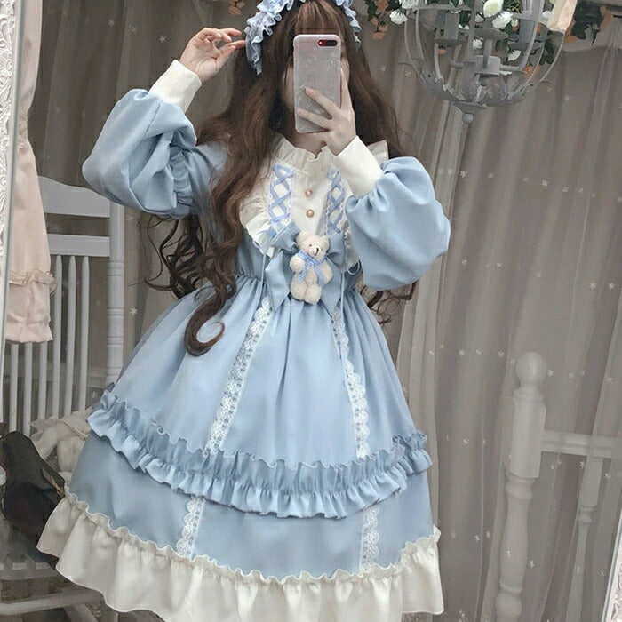 仮装 ハロウィン衣装 長袖ロリータワンピース お姫様 ドレス jskゴスロリ＆ロリータ服 lolitaスカラップ  裾フリル 蝶結び小熊付き 可愛い 萌え萌え 中学生 高中生 レディース 日系  メイド服 切り替え風 コスプレ 学園祭 イベント ハロウィン コスチューム 変装 日常着