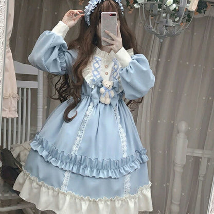 仮装 ハロウィン衣装 長袖ロリータワンピース お姫様 ドレス jskゴスロリ＆ロリータ服 lolitaスカラップ  裾フリル 蝶結び小熊付き 可愛い 萌え萌え 中学生 高中生 レディース 日系  メイド服 切り替え風 コスプレ 学園祭 イベント ハロウィン コスチューム 変装 日常着