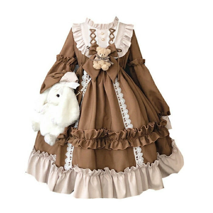 仮装 ハロウィン衣装 長袖ロリータワンピース お姫様 ドレス jskゴスロリ＆ロリータ服 lolitaスカラップ  裾フリル 蝶結び小熊付き 可愛い 萌え萌え 中学生 高中生 レディース 日系  メイド服 切り替え風 コスプレ 学園祭 イベント ハロウィン コスチューム 変装 日常着