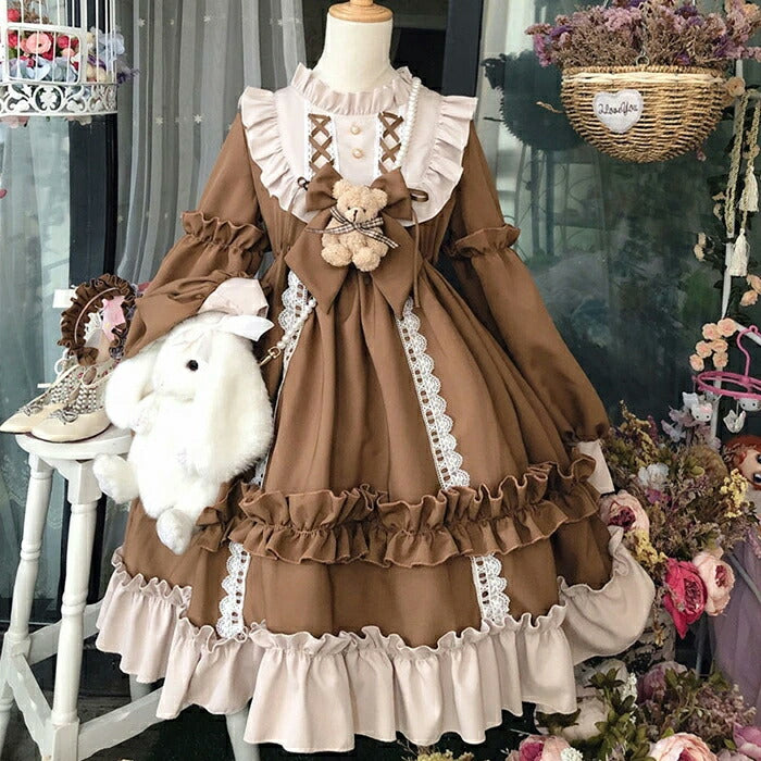 仮装 ハロウィン衣装 長袖ロリータワンピース お姫様 ドレス jskゴスロリ＆ロリータ服 lolitaスカラップ  裾フリル 蝶結び小熊付き 可愛い 萌え萌え 中学生 高中生 レディース 日系  メイド服 切り替え風 コスプレ 学園祭 イベント ハロウィン コスチューム 変装 日常着