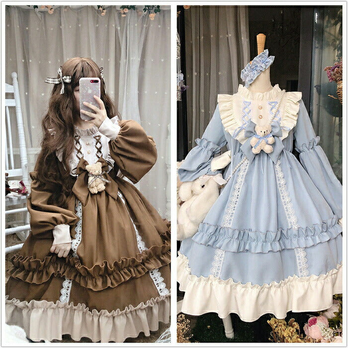 仮装 ハロウィン衣装 長袖ロリータワンピース お姫様 ドレス jskゴスロリ＆ロリータ服 lolitaスカラップ  裾フリル 蝶結び小熊付き 可愛い 萌え萌え 中学生 高中生 レディース 日系  メイド服 切り替え風 コスプレ 学園祭 イベント ハロウィン コスチューム 変装 日常着