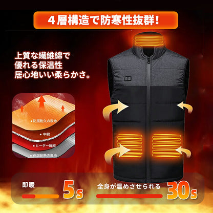電熱ベスト  防寒着 速暖 日本製ヒーター バッテリー付き 25000mAh 中綿 USB給電 洗える 三段階調温 軽量 冷え性 メンズ レーディス 9エリア発熱 新生活 電熱ウェア  S4XL バイクウェア ヒーターベスト 加熱ベスト 前後独立温度設定