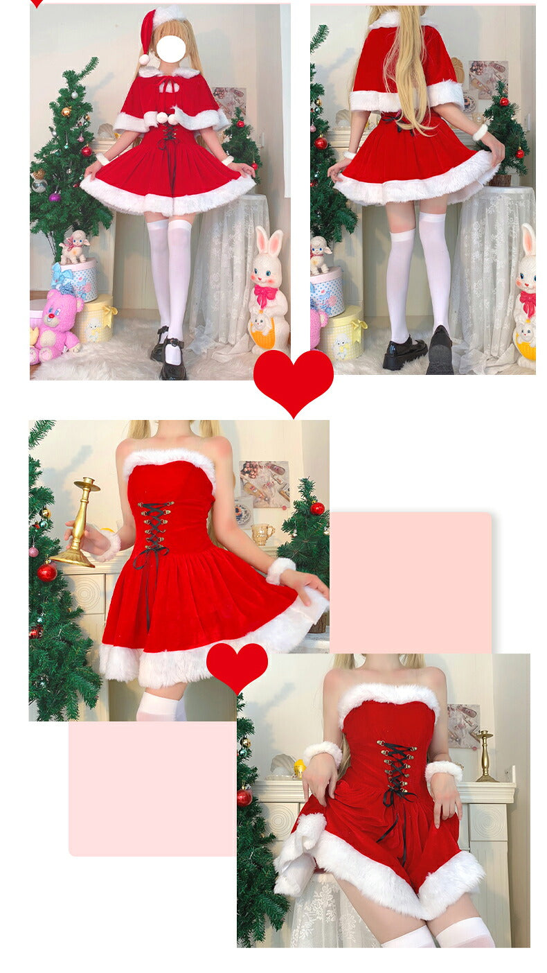 サンタコス セクシー レディース 大人  3点セットノースリーブ 膝丈  サンタ コスプレ ワンピース レディース クリスマス 衣装 女性 コスプレサンタ ワンピース パーティー ポンチョ サンタコスチューム かわいい 大きいサイズ タイトスカート