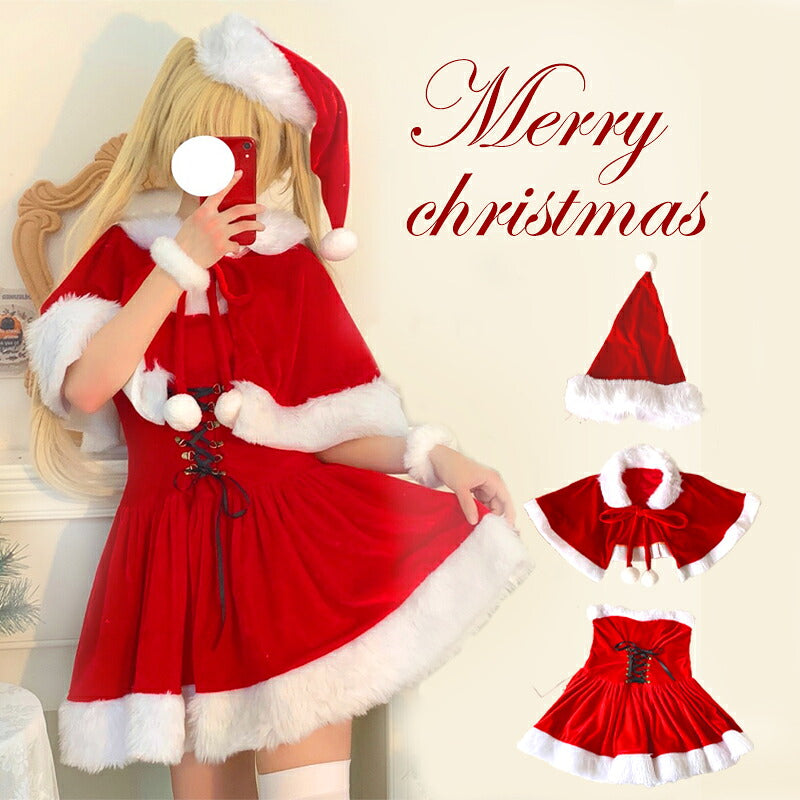 サンタコス セクシー レディース 大人  3点セットノースリーブ 膝丈  サンタ コスプレ ワンピース レディース クリスマス 衣装 女性 コスプレサンタ ワンピース パーティー ポンチョ サンタコスチューム かわいい 大きいサイズ タイトスカート