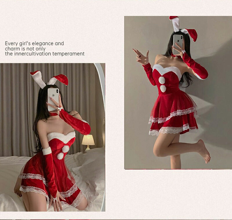 サンタ コスプレ セクシー 兎耳 うさぎ ウサギ 6点セット バニー バニーガール カチューシャ クリスマス サンタコス 大人 コスチューム レディース サンタクロース クリスマスコスチューム パーティー 余興 パーティ ミニスカサンタ