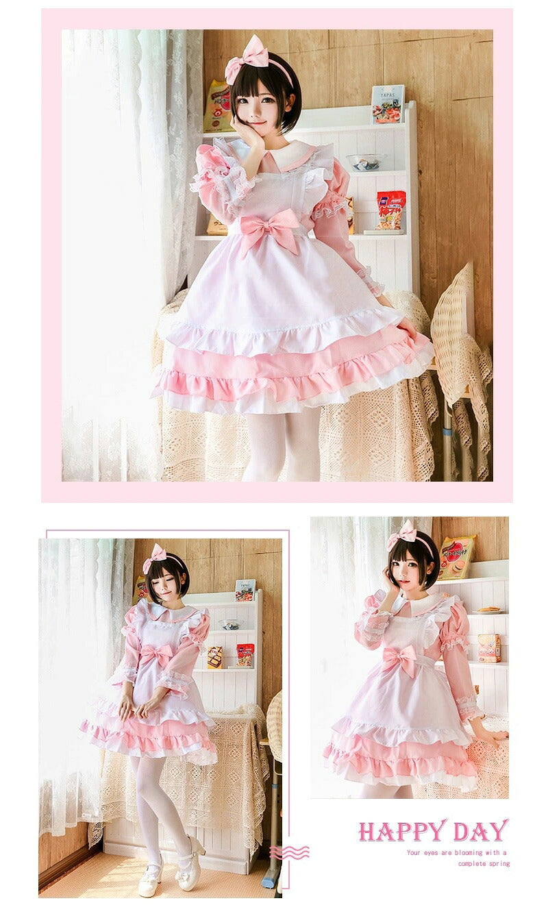 メイド服 コスプレ長袖 可愛い フリル セクシー ハロウィン ロリータ 大人 レディース エプロン カチューシャ スカート ワンピース ピンク 文化祭 リボン ピンク 仮装 衣装 膝丈 定番 S-5XL 男性ウケ アームカバー バレンタイン