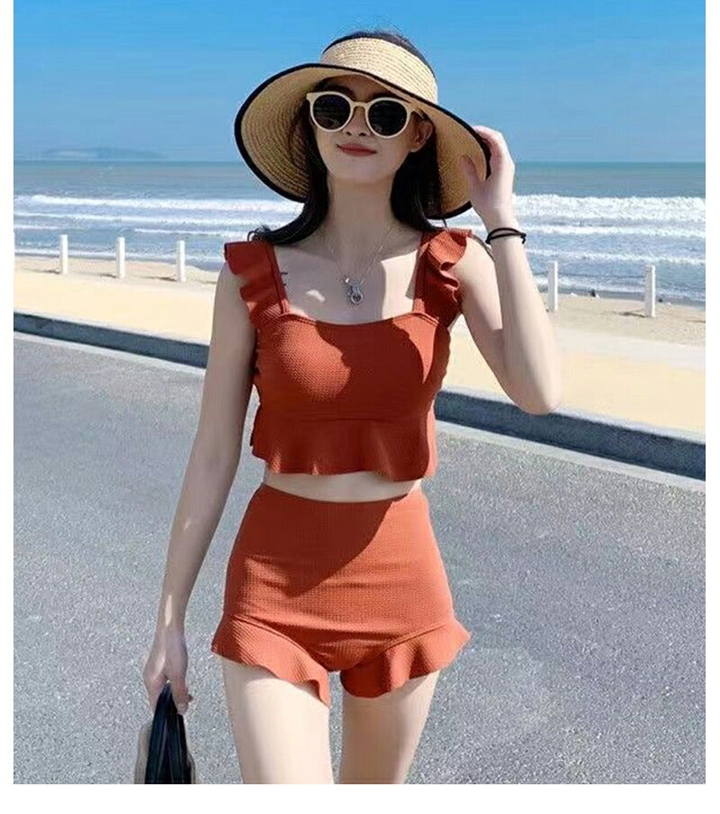 【一部即納】水着 レディース 可愛い 体型カバー ビスチェ ハイウエスト フリル セパレート タンキニ 水着 韓国 露出控えめ パッド一体型 ビキニ ショートパンツ セットアップ 上下セット 3カラー