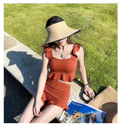 【一部即納】水着 レディース 可愛い 体型カバー ビスチェ ハイウエスト フリル セパレート タンキニ 水着 韓国 露出控えめ パッド一体型 ビキニ ショートパンツ セットアップ 上下セット 3カラー