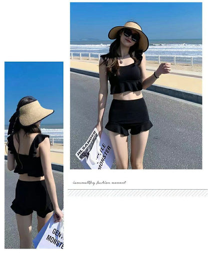 【一部即納】水着 レディース 可愛い 体型カバー ビスチェ ハイウエスト フリル セパレート タンキニ 水着 韓国 露出控えめ パッド一体型 ビキニ ショートパンツ セットアップ 上下セット 3カラー