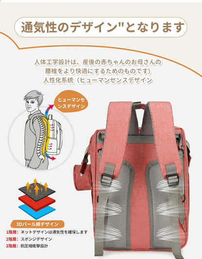 多機能マザーズバッグ 大容量 ママリュック ベビーベッド ママバッグ バックパック 赤ちゃんのベッドに変身 防水 USB充電ポート付き 折りたたみ式 ポータブル 保温ポケット おむつバッグ ベビー用品収納
