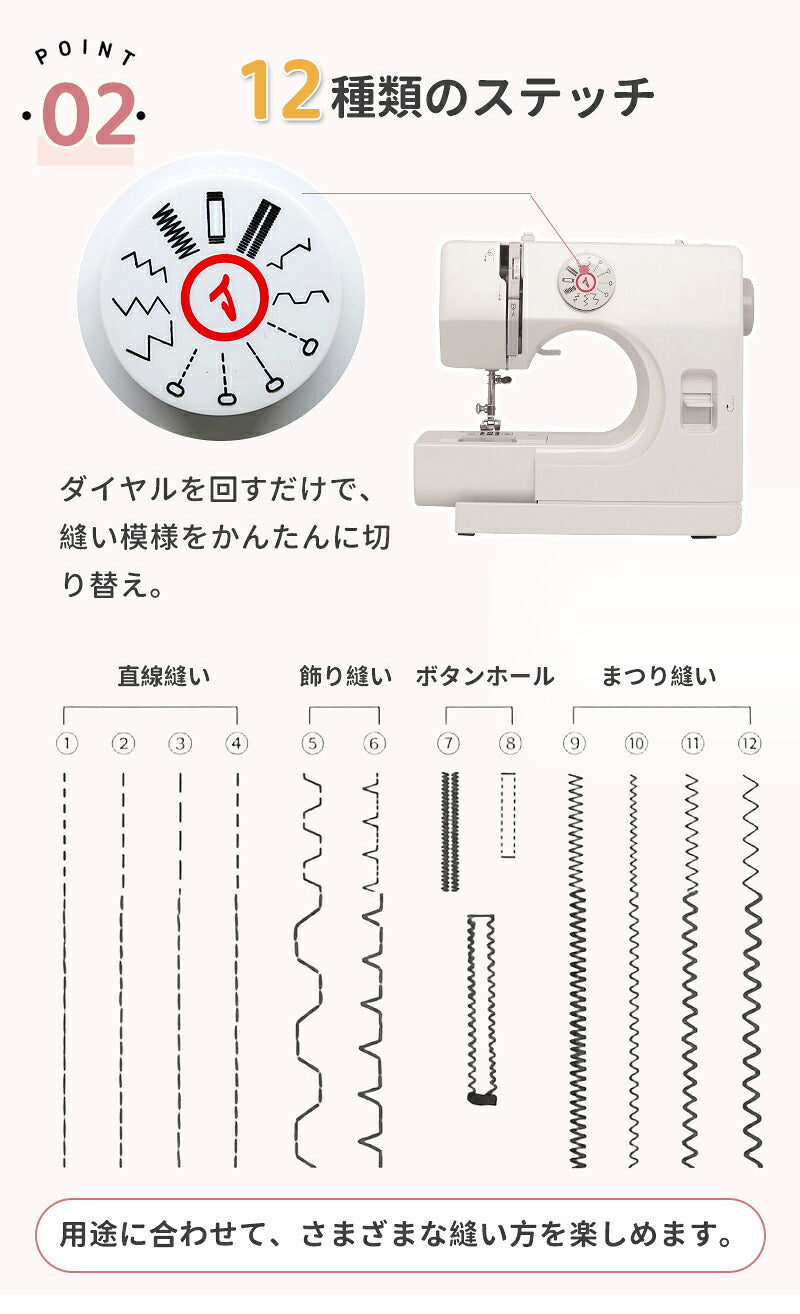 【豪華172点セット】 ミシン 初心者セット 電動ミシン 12種類 ステッチ 自動糸調子 家庭用ミシン ミシン初心者 小型ミシン コンパクト 安いミシン 子供 刺繍 刺しゅう ボビン ミシン糸 針 軽量 多機能 シンプル 手作り 豪華付属品付き 入園入学 母の日