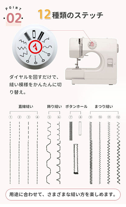 【豪華172点セット】 ミシン 初心者セット 電動ミシン 12種類 ステッチ 自動糸調子 家庭用ミシン ミシン初心者 小型ミシン コンパクト 安いミシン 子供 刺繍 刺しゅう ボビン ミシン糸 針 軽量 多機能 シンプル 手作り 豪華付属品付き 入園入学 母の日