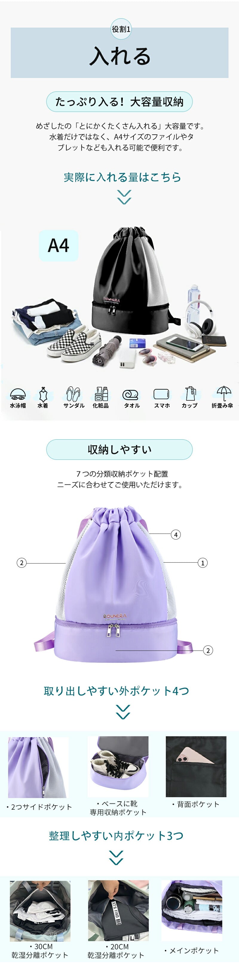 プールバッグ 女の子 大容量 乾湿分離 小学生 ナップサック 手提げループ 2層 軽量 お名前タグ付き プールバック キッズ スイムバッグ 子供 中学生 リュック 撥水加工 水泳バッグ ビーチバッグ