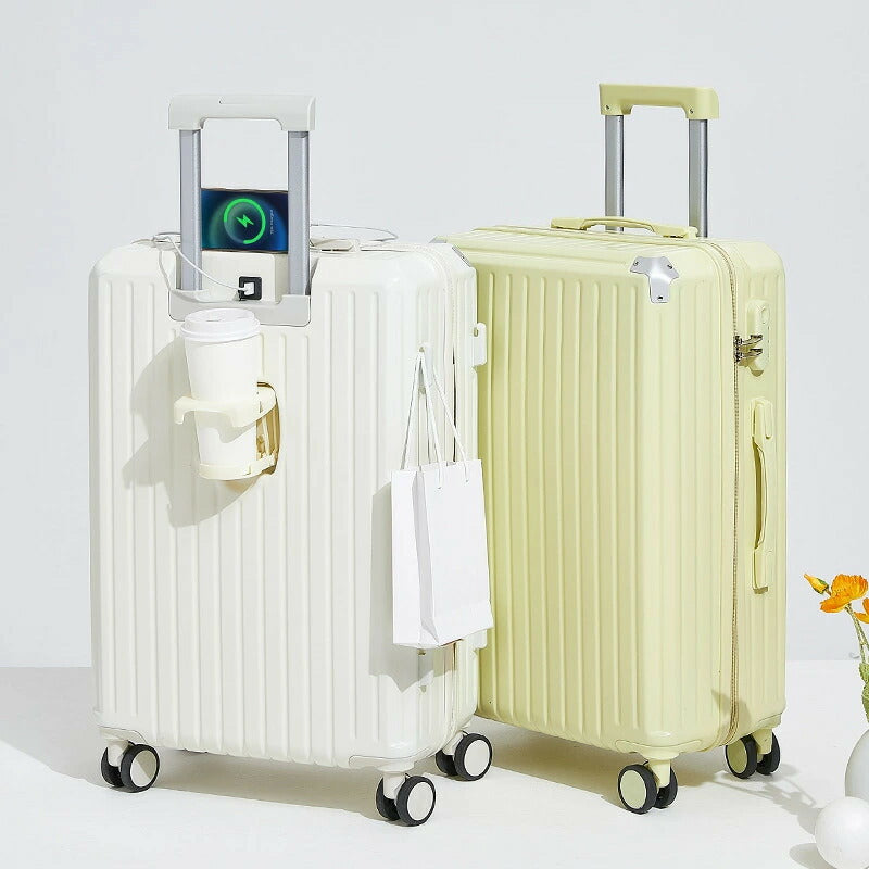 スーツケース キャリーケース mサイズ 軽量 大容量 機内持ち込み ドリンクホルダー 静音 おしゃれ 小型 かわいい キャリーバッグ トランクケース sサイズ usbポート付き ファスナータイプ 3泊4日 S/M/Lサイズ ダブルキャスター
