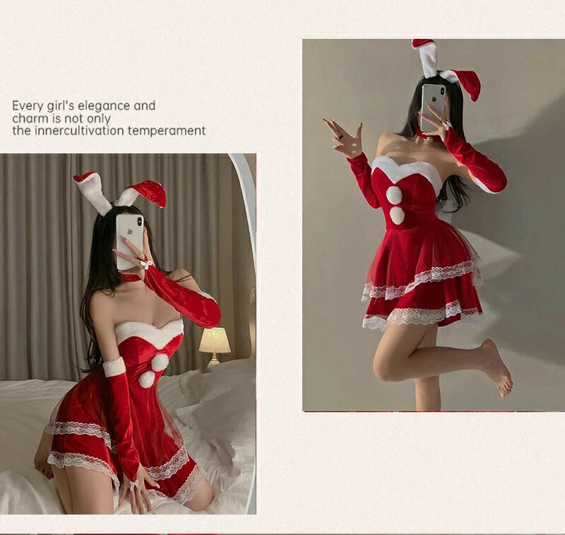 サンタ コスプレ セクシー 兎耳 うさぎ ウサギ 6点セット バニー バニーガール カチューシャ クリスマス サンタコス 大人 コスチューム レディース サンタクロース パーティ クリスマスコスチューム ミニスカサンタ パーティー 余興