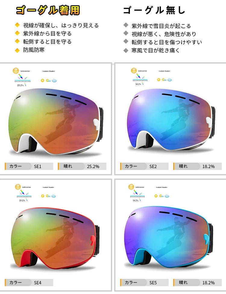 スキー ゴーグル メンズ レディース 紫外線カット スノーボードゴーグル メガネ 眼鏡対応 曇り止加工 フレームレスモデル 球面レンズ ダブルレンズ 曇り防止 調光レンズ 女性用 視界良好 スノボゴーグル 大人 スノボーゴーグル
