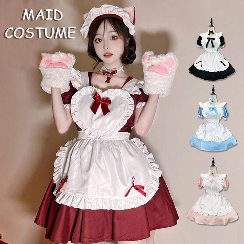 メイド服 コスプレ 猫 ネコ耳 かわいい フリル セクシー 赤 ブラック ゆめかわ 大人 レディース バレンタイン エプロン スカート カチューシャ 白 黒 半袖  ワンピース 仮装 リボン ピンク 大きいサイズ 定番 S-5XL