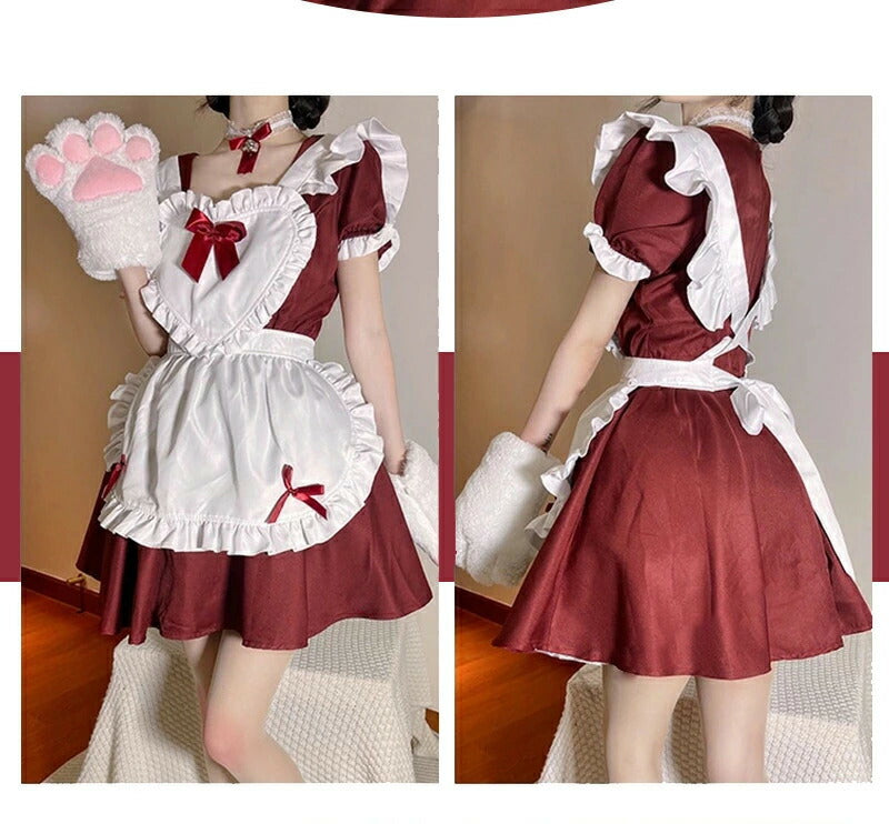 メイド服 コスプレ 猫 ネコ耳 かわいい フリル セクシー 赤 ブラック ゆめかわ 大人 レディース バレンタイン エプロン スカート カチューシャ 白 黒 半袖  ワンピース 仮装 リボン ピンク 大きいサイズ 定番 S-5XL