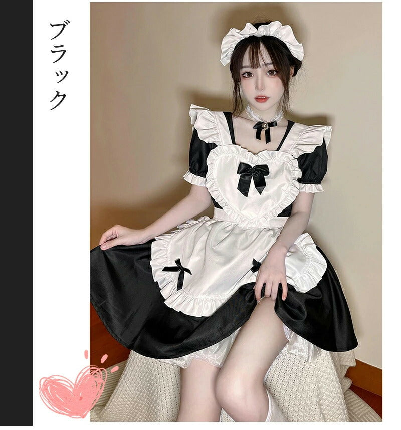 メイド服 コスプレ 猫 ネコ耳 かわいい フリル セクシー 赤 ブラック ゆめかわ 大人 レディース バレンタイン エプロン スカート カチューシャ 白 黒 半袖  ワンピース 仮装 リボン ピンク 大きいサイズ 定番 S-5XL
