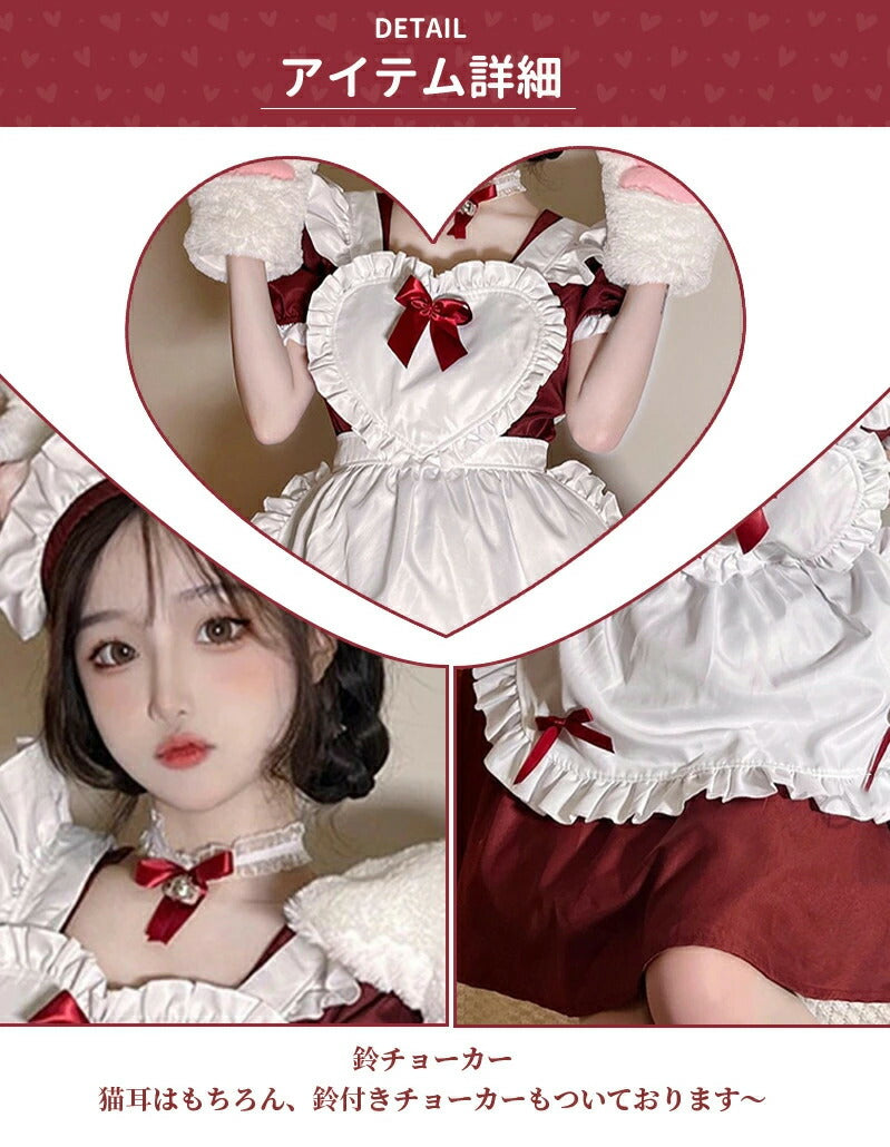 メイド服 コスプレ 猫 ネコ耳 かわいい フリル セクシー 赤 ブラック ゆめかわ 大人 レディース バレンタイン エプロン スカート カチューシャ 白 黒 半袖  ワンピース 仮装 リボン ピンク 大きいサイズ 定番 S-5XL