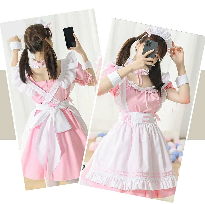 メイド服 メイド 服 6点セット コスプレ 可愛い 女の子 レディース メンズ 半袖 ロリータ ワンピース リボン 黒 ピンク ハロウィン 衣装 大きいサイズ クラシカル 定番 S-5XL ゴスロリ 男性ウケ かわいい 洋服