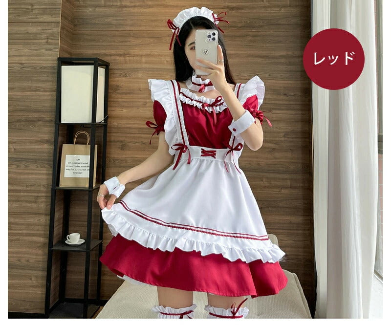 メイド服 メイド 服 6点セット コスプレ 可愛い 女の子 レディース メンズ 半袖 ロリータ ワンピース リボン 黒 ピンク ハロウィン 衣装 大きいサイズ クラシカル 定番 S-5XL ゴスロリ 男性ウケ かわいい 洋服