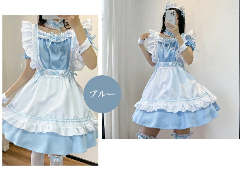 メイド服 メイド 服 6点セット コスプレ 可愛い 女の子 レディース メンズ 半袖 ロリータ ワンピース リボン 黒 ピンク ハロウィン 衣装 大きいサイズ クラシカル 定番 S-5XL ゴスロリ 男性ウケ かわいい 洋服