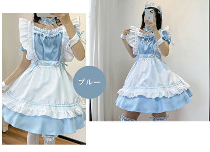 メイド服 メイド 服 6点セット コスプレ 可愛い 女の子 レディース メンズ 半袖 ロリータ ワンピース リボン 黒 ピンク ハロウィン 衣装 大きいサイズ クラシカル 定番 S-5XL ゴスロリ 男性ウケ かわいい 洋服