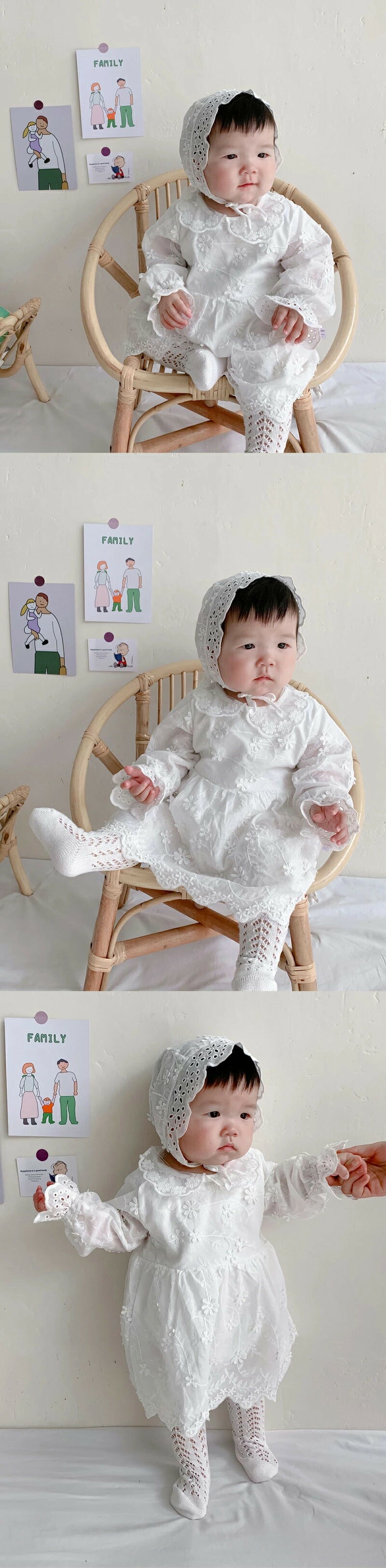 セレモニードレス ロンパース カバーオール 長袖 帽子付き 3点セット 新生児 ベビー服 ワンピース ベビー用品 子供服 赤ちゃん 刺繍 レース ドレス フォーマル 女の子 お食い初め 100日祝い 出産祝い 白 ベビー お宮参り 退院