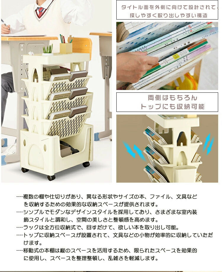 ブックシェルフ 本棚 スリム キャスター付き マガジンラック スリム 五段 大容量 教科書 収納 書類棚 隙間収納 隙間ラック サイドワゴン 絵本ラック 書類整理 ラック デスクサイド収納 文具 ブックスタンド 学校 漫画 雑誌 水筒