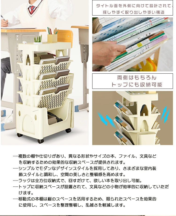 ブックシェルフ 本棚 スリム キャスター付き マガジンラック スリム 五段 大容量 教科書 収納 書類棚 隙間収納 隙間ラック サイドワゴン 絵本ラック 書類整理 ラック デスクサイド収納 文具 ブックスタンド 学校 漫画 雑誌 水筒