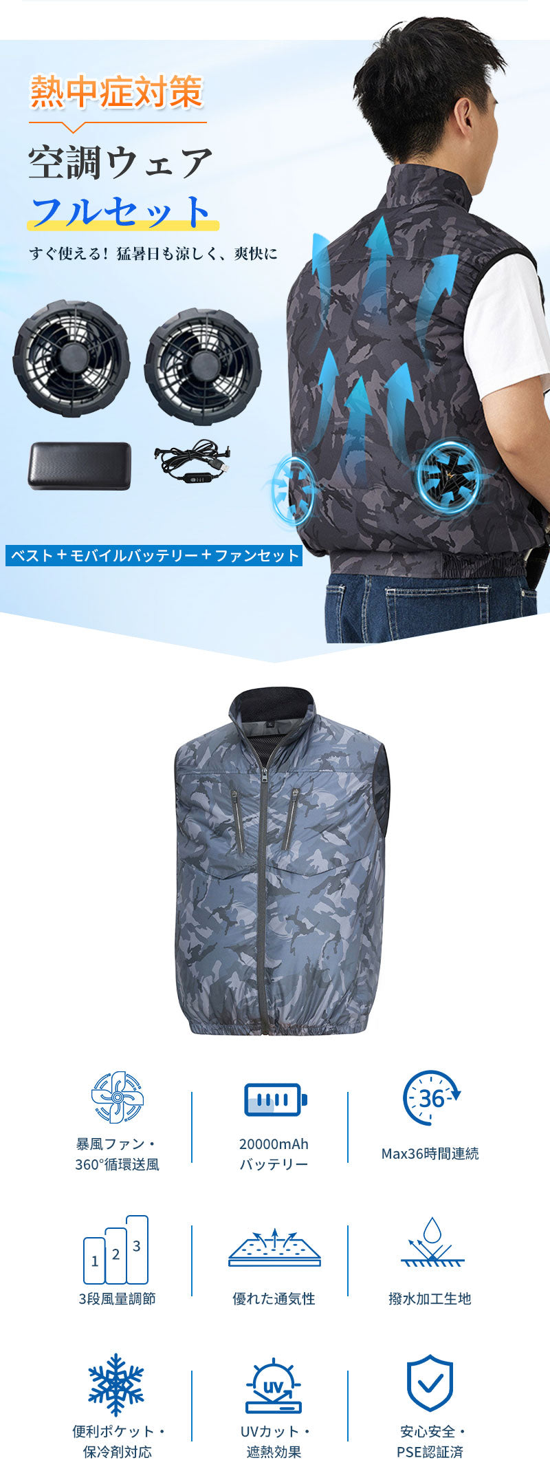 空調ベスト フルセット 空調ウェア 空調作業服 作業 服 20000mAhバッテリー モバイルバッテリー付き ファンベスト 空調扇風服 3段階強風 36h連続送風 エアコン服 UVカット UPF 50+ 建設作業 アウトドア 父の日