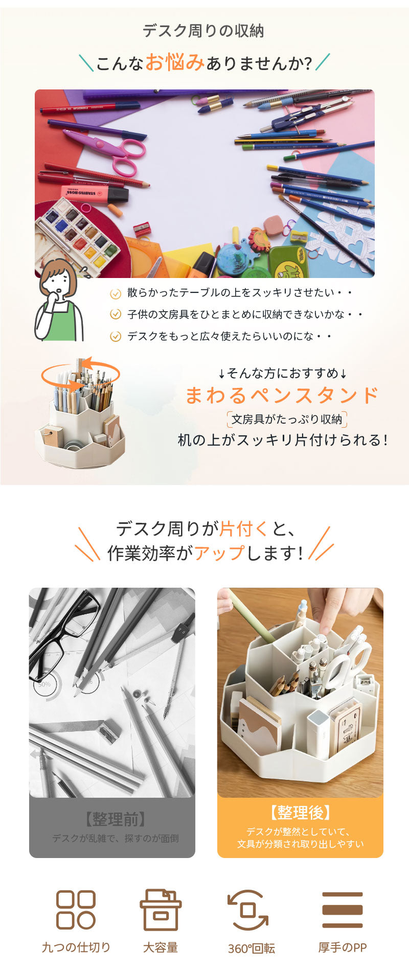 回転 ペン立て 収納 回転式 ペンスタンド 大容量 文房具 オフィス ペンホルダー デスクオーガナイザー 360度 ペンケース ペン入れ 小物分類 多機能 分類 収納力 スッキリ 省スペース 取り出しやすい 安定感 ホワイト かわいい まわる 回る デスク デスク デスク収納