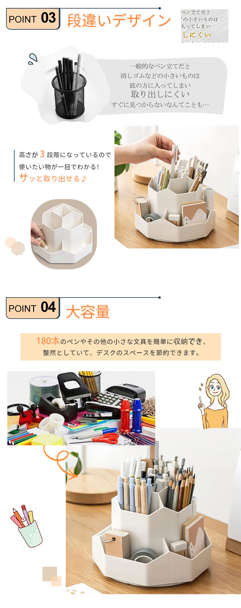 回転 ペン立て 収納 回転式 ペンスタンド 大容量 文房具 オフィス ペンホルダー デスクオーガナイザー 360度 ペンケース ペン入れ 小物分類 多機能 分類 収納力 スッキリ 省スペース 取り出しやすい 安定感 ホワイト かわいい まわる 回る デスク デスク デスク収納