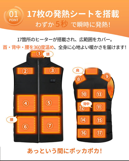 ヒーター ベスト 電熱ベスト バッテリー付き 日本製 ヒーターベスト 洗える 中綿 モバイルバッテリー 軽量 メンズ レーディス 電熱ウェア 電熱ジャケット 9箇所発熱 17箇所発熱 3段階調温 防寒インナー 速暖 ゴルフ 男女兼用 釣り バイク