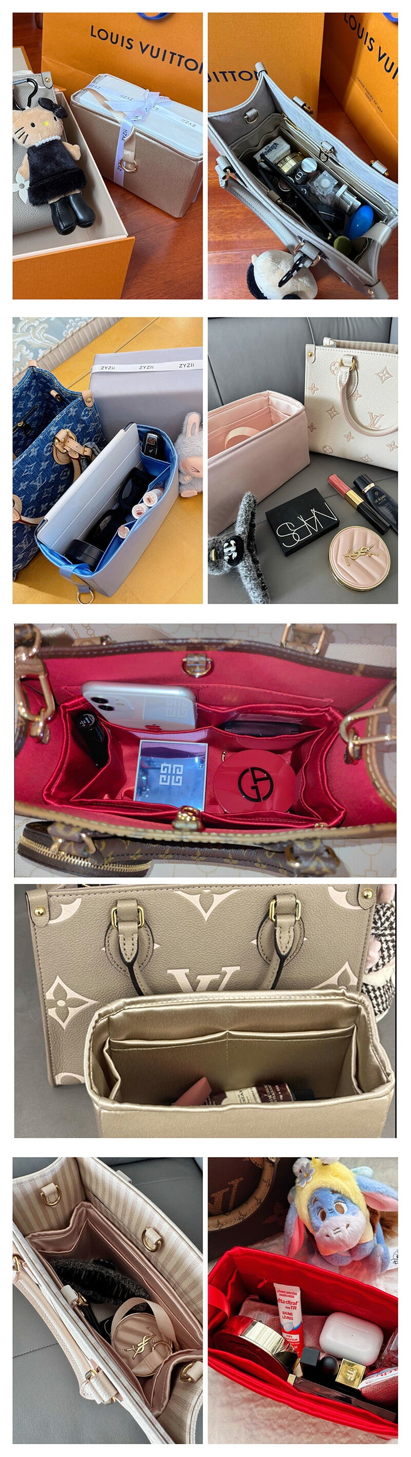 バッグインバッグ LV ontheg対応 高品質 絹織物 自立 軽い インナーバッグ サテン 素材 アセテートサテン レディース ツールボックス 仕切り 収納バッグ マザーズバッグ マルチポケット Louis Vuitton BB/S/M/Lサイズ対応