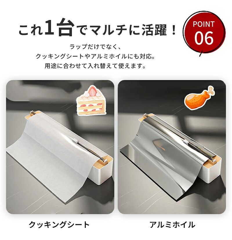 ラップケース ラップカッター ラップホルダー ラップカット マグネット 壁掛け 吸盤付き 両方向スライド 双方向切断 密封フィルム対応 収納便利 クッキングシート アルミホイルケース キッチン箔 フィルムディスペンサー 冷蔵庫 キッチン キッチン雑貨