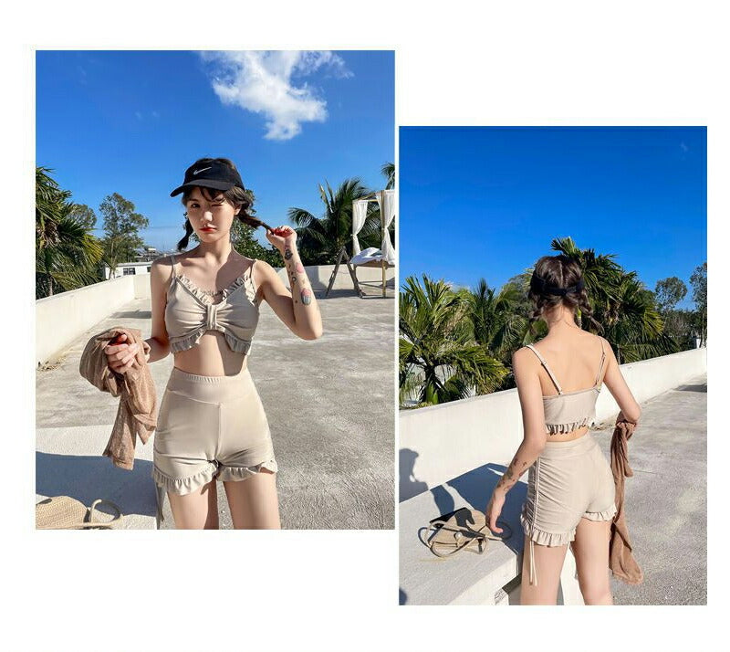 水着 レディース ビスチェビキニ フリルショーツ 長袖シースルーレーストップス 体型カバー水着 3点セット 20代 30代 40代 ママ水着 オトナ swimsuit-006