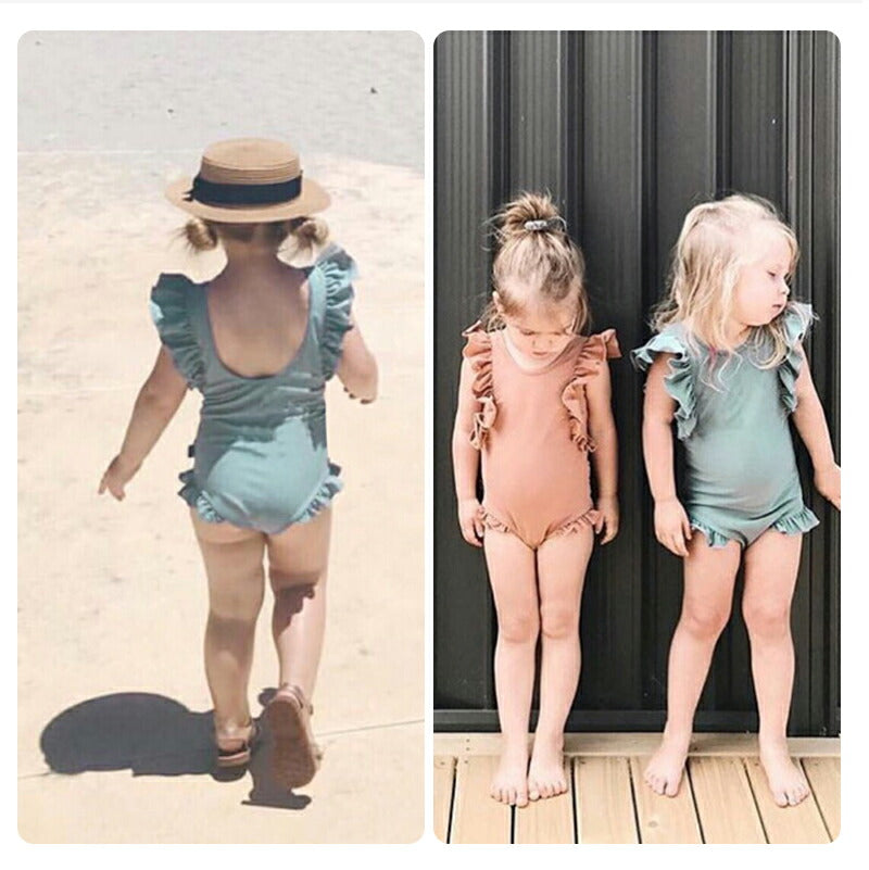 2点セット 帽子付き キッズ水着 ベビー水着 子供水着 キッズ 水着 女の子 ワンピース 無地 温泉 幼稚園 おしゃれ フリル かわいい キュート スクール プswimsuit-059