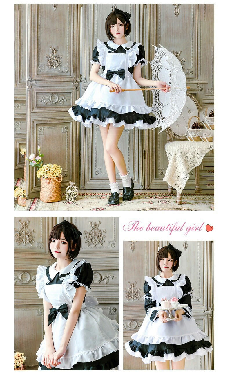 メイド服 コスプレ長袖 可愛い フリル セクシー ハロウィン ロリータ 大人 レディース エプロン カチューシャ スカート ワンピース ピンク 文化祭 リボン  maid-003