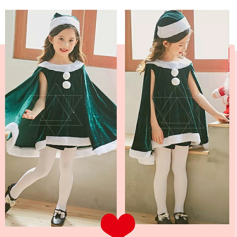 仮装 サンタコス 子供  サンタ服 クリスマス コスチューム 女の子 ポンチョ 2点セット ジュニア キッズ  マント 子供服 帽子 キッズ服 演出服 サンタコ sscopy