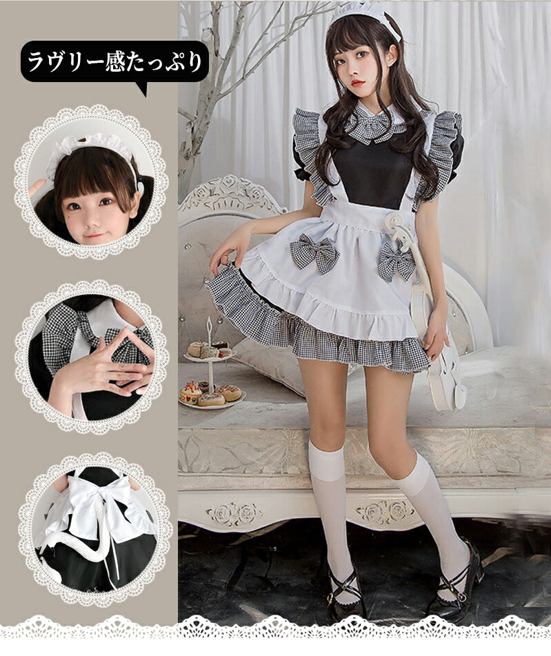 メイド服 ハロウィン コスプレ 半袖 蝶結ぶ メイド 可愛い 女の子 セクシー カップル ロリータ 定番 衣装 レディース エプロン ドレス アリス風仮装 上質maid-010